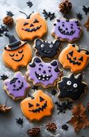 Halloween character cookies on a grey background, colorful and creatively decorated, various spooky faces photo