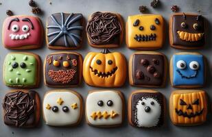 Halloween character cookies on a grey background, colorful and creatively decorated, various spooky faces photo