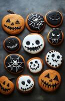 Halloween character cookies on a grey background, colorful and creatively decorated, various spooky faces photo