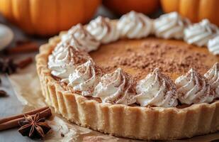 Closeup of pumpkin pie with whipped cream and cinnamon on parchment, a classic autumn dessert photo