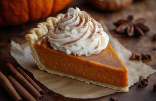 Closeup of pumpkin pie with whipped cream and cinnamon on parchment, a classic autumn dessert photo