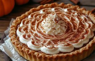 Closeup of pumpkin pie with whipped cream and cinnamon on parchment, a classic autumn dessert photo