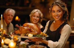 Family and friends enjoying Thanksgiving dinner at home, woman serving hot turkey to everyone photo