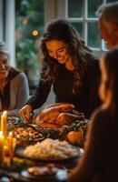 Family and friends enjoying Thanksgiving dinner at home, woman serving hot turkey to everyone photo