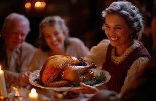 Family and friends enjoying Thanksgiving dinner at home, woman serving hot turkey to everyone photo