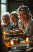 Family and friends enjoying Thanksgiving dinner at home, woman serving hot turkey to everyone photo