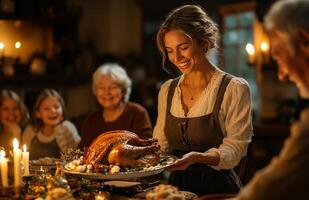 Family and friends enjoying Thanksgiving dinner at home, woman serving hot turkey to everyone photo
