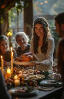 Family and friends enjoying Thanksgiving dinner at home, woman serving hot turkey to everyone photo