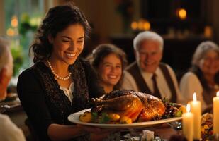 Family and friends enjoying Thanksgiving dinner at home, woman serving hot turkey to everyone photo