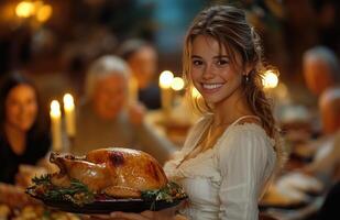 Family and friends enjoying Thanksgiving dinner at home, woman serving hot turkey to everyone photo