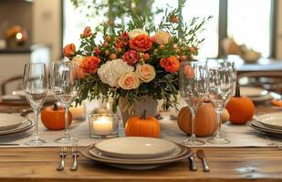 Autumn table setting featuring pumpkins, candles, and flowers on a wooden surface for festive decor photo