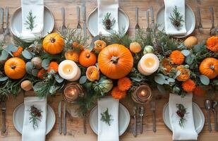 Autumn table setting featuring pumpkins, candles, and flowers on a wooden surface for festive decor photo