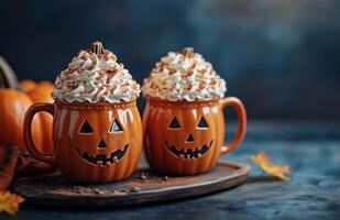 Pumpkin spiced hot cocoa with whipped cream in pumpkin mugs, set against a Halloween backdrop photo