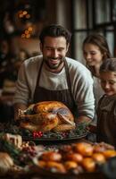 A joyful family gathers for Thanksgiving dinner, as a man presents a roasted turkey photo