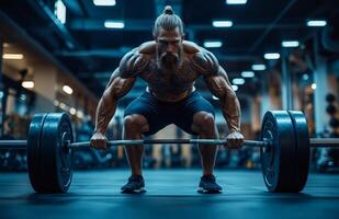 A muscular man performs a deadlift in a gym, showcasing strength and determination, full body shot photo