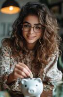 Young woman smiling while putting coins into a piggy bank at home in modern decor photo