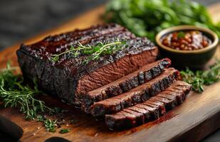 Sliced, smoky, juicy beef, freshly grilled, served with chutney and herbs on a rustic table photo