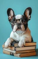 A French Bulldog with glasses is lying on books, appearing studious and focused photo