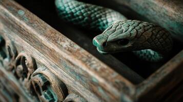 Green serpent emerging from a beautifully carved wooden box. photo
