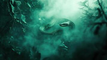 Green wooden snake with emerald eyes on a dark background. photo