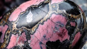 Detailed view of rhodonite showing striking pink and black color contrasts photo