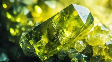 Extreme close-up of peridot surface, focusing on its rich green tones and the geometric facets of the crystal. photo