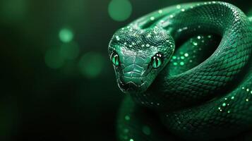 Intricately carved green snake with bright emerald eyes, symbolizing 2025. photo