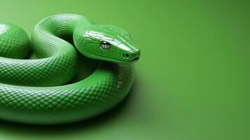 Modern green snake sculpture with clean design, set against a monochrome green backdrop. photo