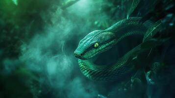 Green wooden snake with emerald eyes on a dark background. photo