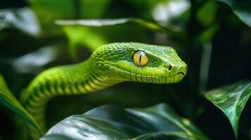 Green wooden snake with emerald eyes on a dark background. photo