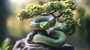 Green snake made of wood intertwined with a bonsai, representing the Chinese New Year 2025. photo