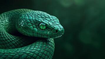 Intricately carved green snake with bright emerald eyes, symbolizing 2025. photo