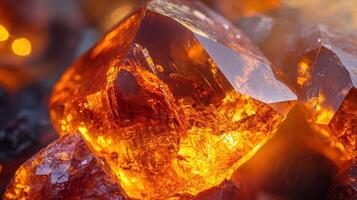 Close-up of a spessartine garnet, showcasing its deep amber tones and sharp, polished edges. photo