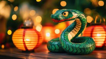 Adorable green snake with colorful patterns, handcrafted for children's enjoyment. photo