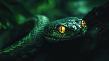 Mystical green wooden snake with glowing eyes, creating a sense of mystery. photo