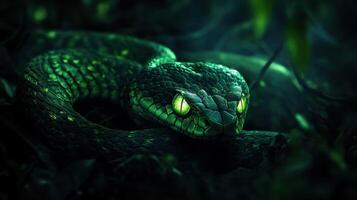 Mystical green wooden snake with glowing eyes, creating a sense of mystery. photo