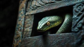 Green serpent emerging from a beautifully carved wooden box. photo