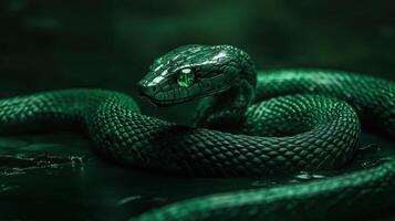Intricately carved green snake with bright emerald eyes, symbolizing 2025. photo
