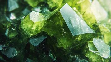 Extreme close-up of peridot surface, focusing on its rich green tones and the geometric facets of the crystal. photo
