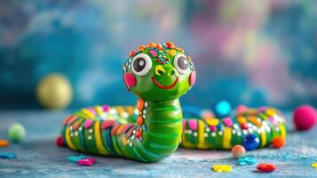 Adorable green snake with colorful patterns, handcrafted for children's enjoyment. photo