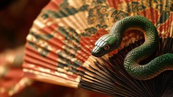 Intricately detailed green snake on an ornate fan, representing Chinese New Year 2025. photo