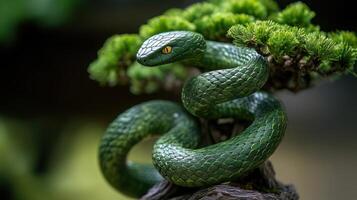 Green snake made of wood intertwined with a bonsai, representing the Chinese New Year 2025. photo