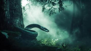 Green wooden snake with emerald eyes on a dark background. photo