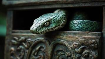 Green serpent emerging from a beautifully carved wooden box. photo