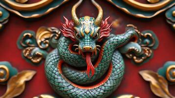 Beautifully crafted green snake with gold details and red tongue, marking the 2025 Chinese zodiac. photo