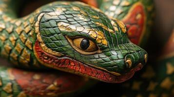 Green wooden snake with emerald eyes on a dark background. photo