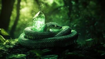 Green wooden snake with emerald eyes on a dark background. photo
