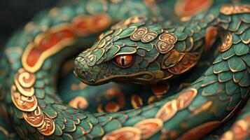Green wooden snake with emerald eyes on a dark background. photo