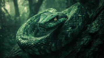 Mystical green wooden snake with glowing eyes, creating a sense of mystery. photo
