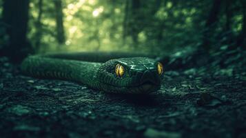 Green wooden snake with emerald eyes on a dark background. photo